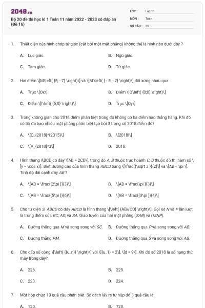 Bộ 20 đề thi học kì 1 Toán 11 năm 2022 - 2023 có đáp án (Đề 16)