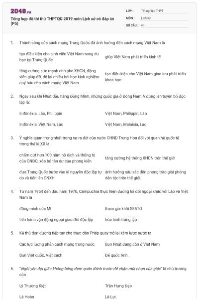 Tổng hợp đề thi thử THPTQG 2019 môn Lịch sử có đáp án (P5)
