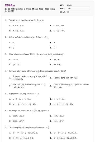 Bộ 20 đề thi giữa học kì 1 Toán 11 năm 2022 - 2023 có đáp án (Đề 17)
