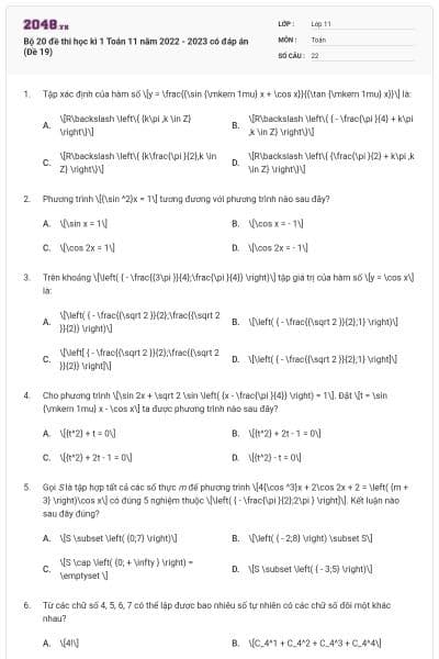 Bộ 20 đề thi học kì 1 Toán 11 năm 2022 - 2023 có đáp án (Đề 19)