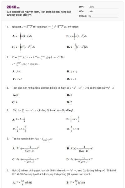 238 câu Bài tâp Nguyên Hàm, Tích phân cơ bản, nâng cao cực hay có lời giải (P4)