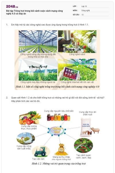 Bài tập Trồng trọt trong bối cảnh cuộc cách mạng công nghệ 4.0 có đáp án