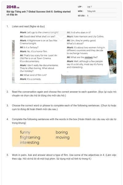 Bài tập Tiếng anh 7 Global Success Unit 8. Getting started có đáp án