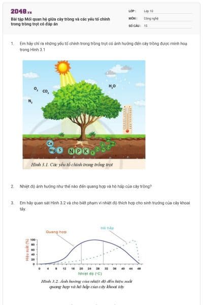 Bài tập Mối quan hệ giữa cây trồng và các yếu tố chính trong trồng trọt có đáp án