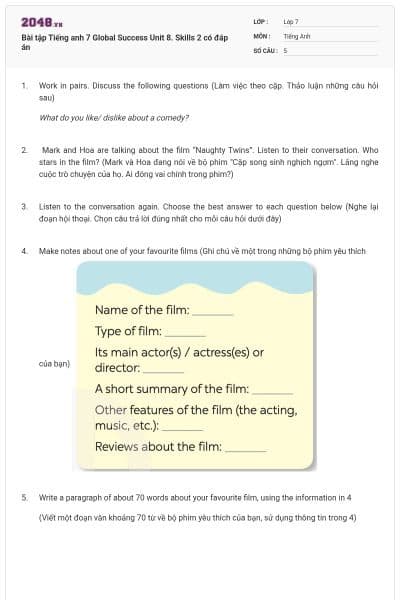 Bài tập Tiếng anh 7 Global Success Unit 8. Skills 2 có đáp án