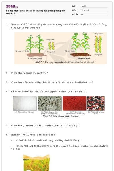 Bài tập Một số loại phân bón thường dùng trong trồng trọt có đáp án