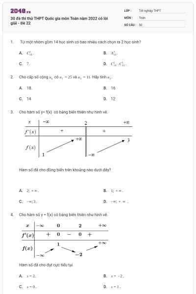 30 đề thi thử THPT Quốc gia môn Toán năm 2022 có lời giải - Đề 22