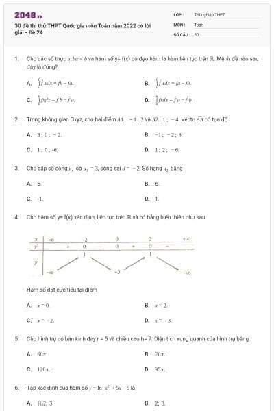 30 đề thi thử THPT Quốc gia môn Toán năm 2022 có lời giải - Đề 24