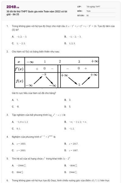 30 đề thi thử THPT Quốc gia môn Toán năm 2022 có lời giải - Đề 25