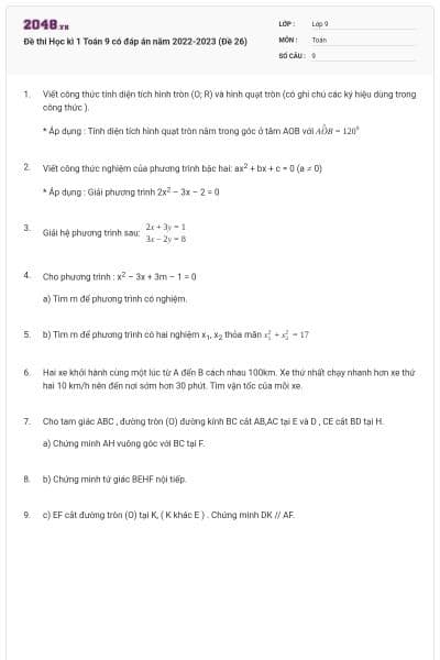 Đề thi Học kì 1 Toán 9 có đáp án năm 2022-2023 (Đề 26)