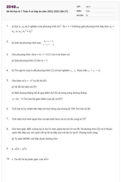 Đề thi Học kì 1 Toán 9 có đáp án năm 2022-2023 (Đề 27)