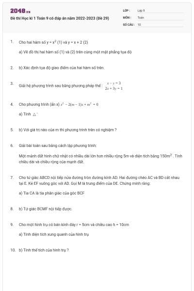 Đề thi Học kì 1 Toán 9 có đáp án năm 2022-2023 (Đề 29)