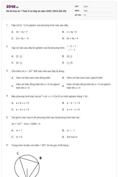 Đề thi Học kì 1 Toán 9 có đáp án năm 2022-2023 (Đề 30)