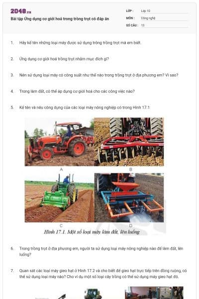 Bài tập Ứng dụng cơ giới hoá trong trồng trọt có đáp án
