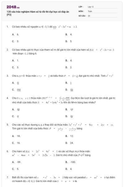 120 câu trắc nghiệm Hàm số từ đề thi đại học có đáp án (P3)