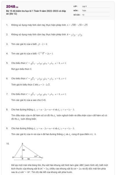 Bộ 15 đề kiểm tra học kì 1 Toán 9 năm 2022-2023 có đáp án (Đề 12)
