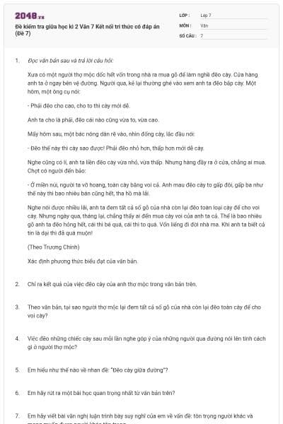 Đề kiểm tra giữa học kì 2 Văn 7 Kết nối tri thức có đáp án (Đề 7)