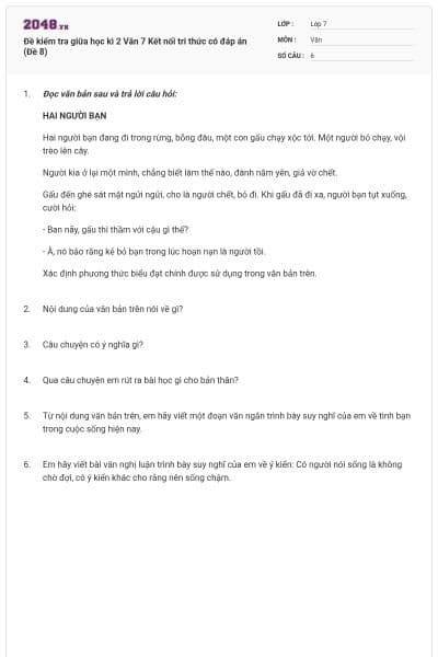 Đề kiểm tra giữa học kì 2 Văn 7 Kết nối tri thức có đáp án (Đề 8)