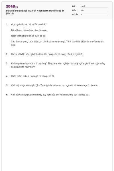 Đề kiểm tra giữa học kì 2 Văn 7 Kết nối tri thức có đáp án (Đề 10)