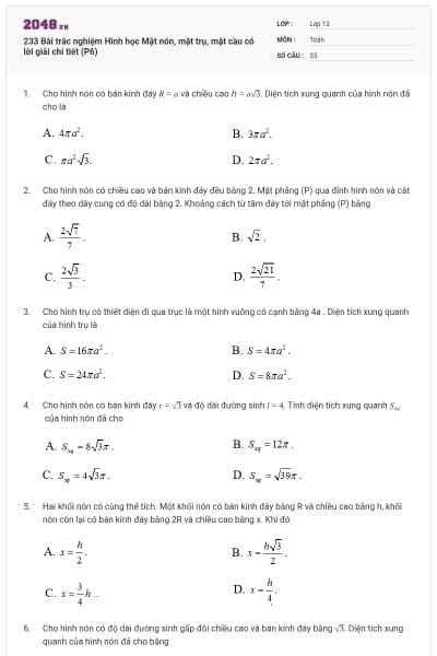 233 Bài trắc nghiệm Hình học Mặt nón, mặt trụ, mặt cầu có lời giải chi tiết (P6)