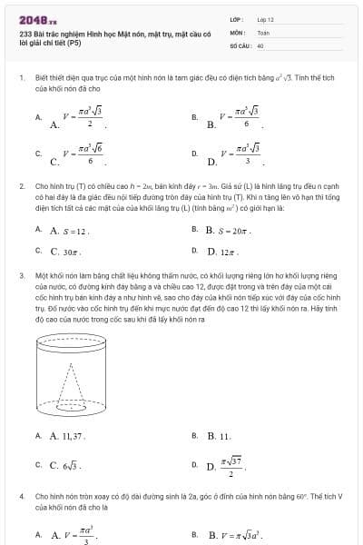 233 Bài trắc nghiệm Hình học Mặt nón, mặt trụ, mặt cầu có lời giải chi tiết (P5)