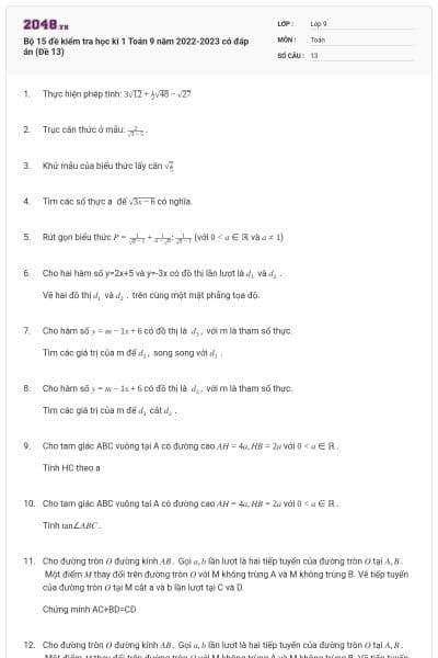 Bộ 15 đề kiểm tra học kì 1 Toán 9 năm 2022-2023 có đáp án (Đề 13)