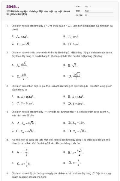 233 Bài trắc nghiệm Hình học Mặt nón, mặt trụ, mặt cầu có lời giải chi tiết (P6)