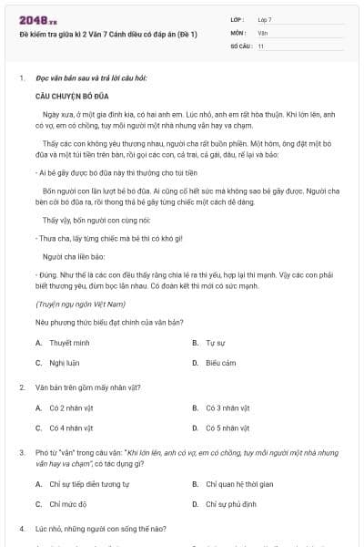 Đề kiểm tra giữa kì 2 Văn 7 Cánh diều có đáp án (Đề 1)