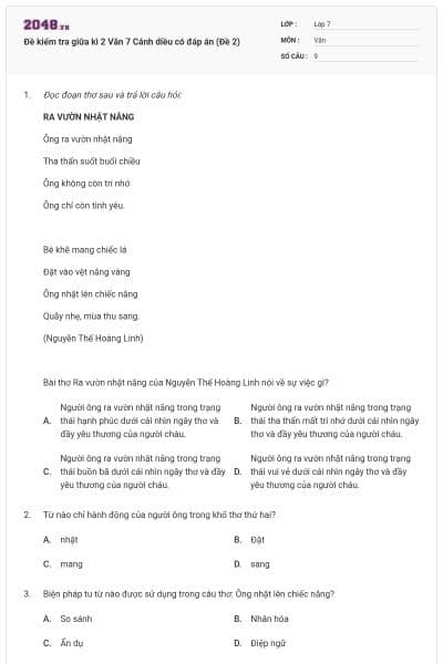 Đề kiểm tra giữa kì 2 Văn 7 Cánh diều có đáp án (Đề 2)