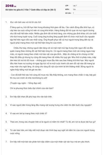 Đề kiểm tra giữa kì 2 Văn 7 Cánh diều có đáp án (Đề 3)