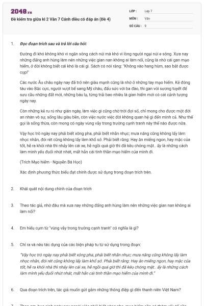 Đề kiểm tra giữa kì 2 Văn 7 Cánh diều có đáp án (Đề 4)