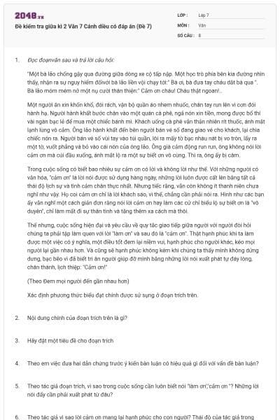 Đề kiểm tra giữa kì 2 Văn 7 Cánh diều có đáp án (Đề 7)