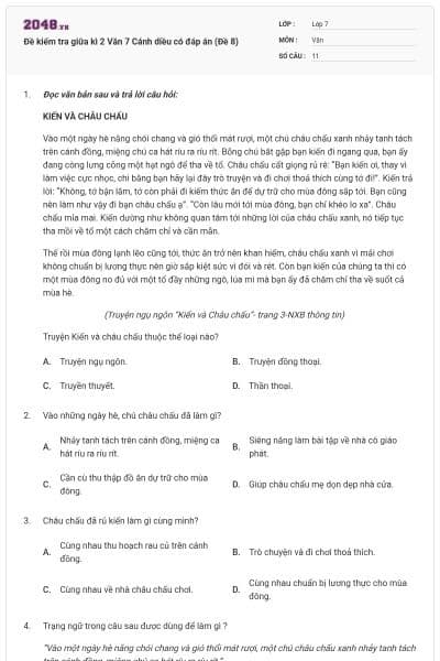 Đề kiểm tra giữa kì 2 Văn 7 Cánh diều có đáp án (Đề 8)