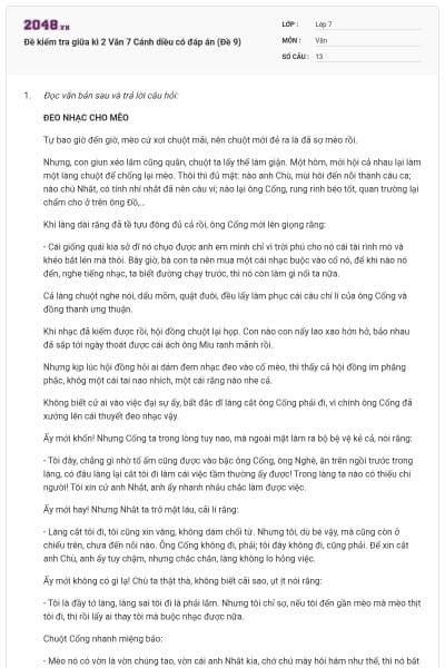 Đề kiểm tra giữa kì 2 Văn 7 Cánh diều có đáp án (Đề 9)