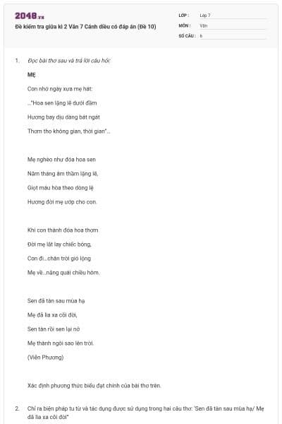 Đề kiểm tra giữa kì 2 Văn 7 Cánh diều có đáp án (Đề 10)