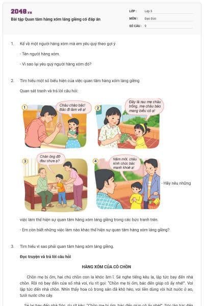 Bài tập Quan tâm hàng xóm láng giềng có đáp án