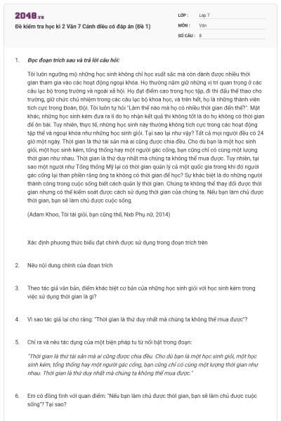 Đề kiểm tra học kì 2 Văn 7 Cánh diều có đáp án (Đề 1)