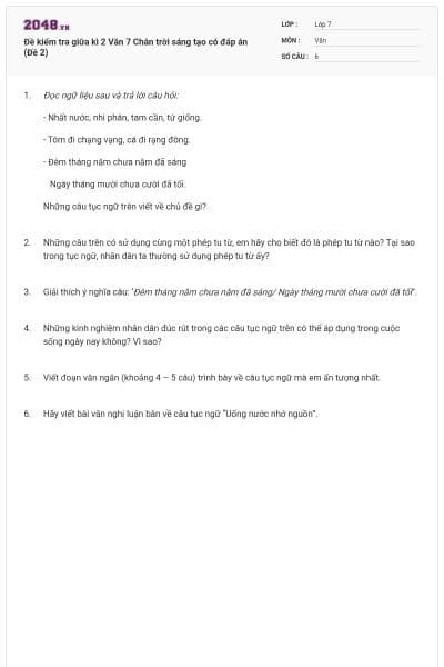 Đề kiểm tra giữa kì 2 Văn 7 Chân trời sáng tạo có đáp án (Đề 2)