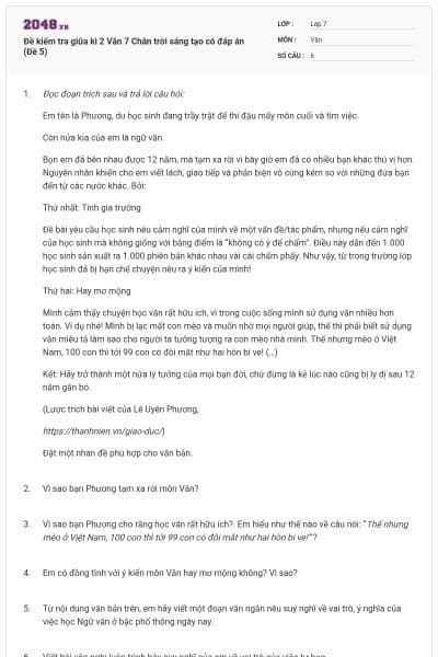 Đề kiểm tra giữa kì 2 Văn 7 Chân trời sáng tạo có đáp án (Đề 5)