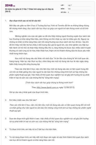 Đề kiểm tra giữa kì 2 Văn 7 Chân trời sáng tạo có đáp án (Đề 8)