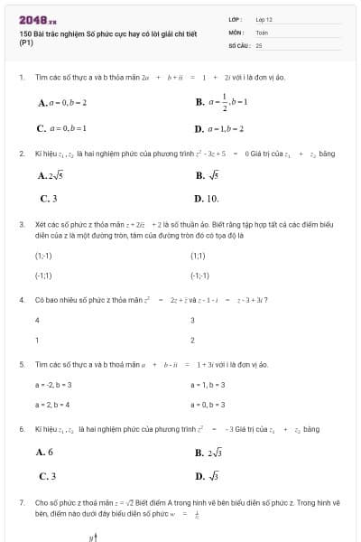 150 Bài trắc nghiệm Số phức cực hay có lời giải chi tiết (P1)