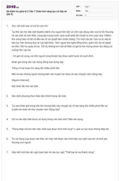 Đề kiểm tra giữa kì 2 Văn 7 Chân trời sáng tạo có đáp án (Đề 9)