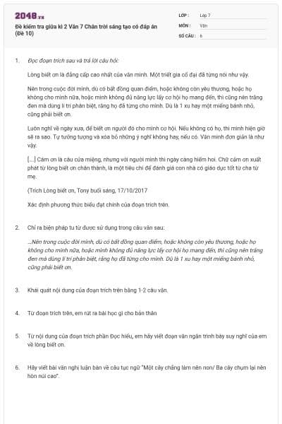 Đề kiểm tra giữa kì 2 Văn 7 Chân trời sáng tạo có đáp án (Đề 10)