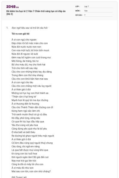 Đề kiểm tra học kì 2 Văn 7 Chân trời sáng tạo có đáp án (Đề 2)