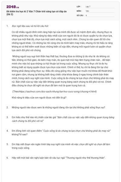 Đề kiểm tra học kì 2 Văn 7 Chân trời sáng tạo có đáp án (Đề 3)