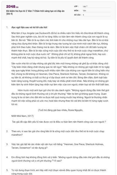 Đề kiểm tra học kì 2 Văn 7 Chân trời sáng tạo có đáp án (Đề 4)
