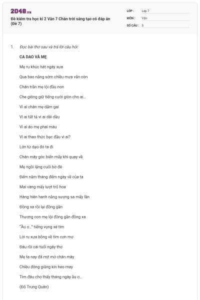 Đề kiểm tra học kì 2 Văn 7 Chân trời sáng tạo có đáp án (Đề 7)