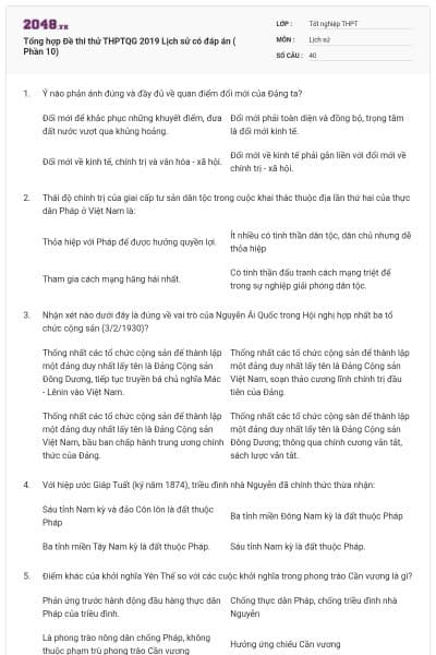 Tổng hợp Đề thi thử THPTQG 2019 Lịch sử có đáp án ( Phần 10)