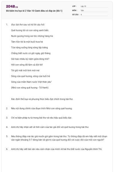 Đề kiểm tra học kì 2 Văn 10 Cánh diều có đáp án (Đề 1)