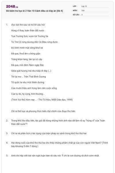 Đề kiểm tra học kì 2 Văn 10 Cánh diều có đáp án (Đề 4)